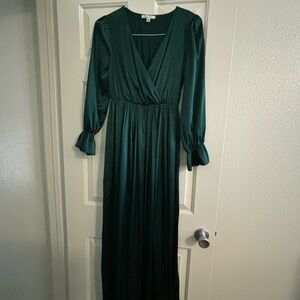Green Satin Long Sleeve Dress